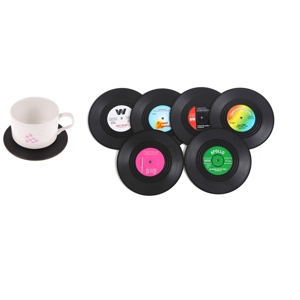 6Pcs / Set Ʈ  Coaster Ǹ Ƽ    ħ Ŀ  Ȧ Ȩ ſ   ÷̽ Ʈ е忡   ̺ Ʈ/6Pcs/Set Retro Vinyl Coaster Silicone Tea Cup Drinks Coasters Co